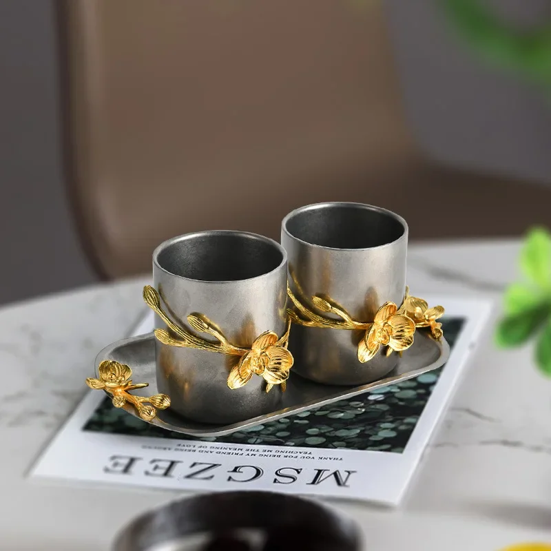 Retro light luxury bloom series nut small bowl pair combination tray stainless steel fruit plate table top ornament