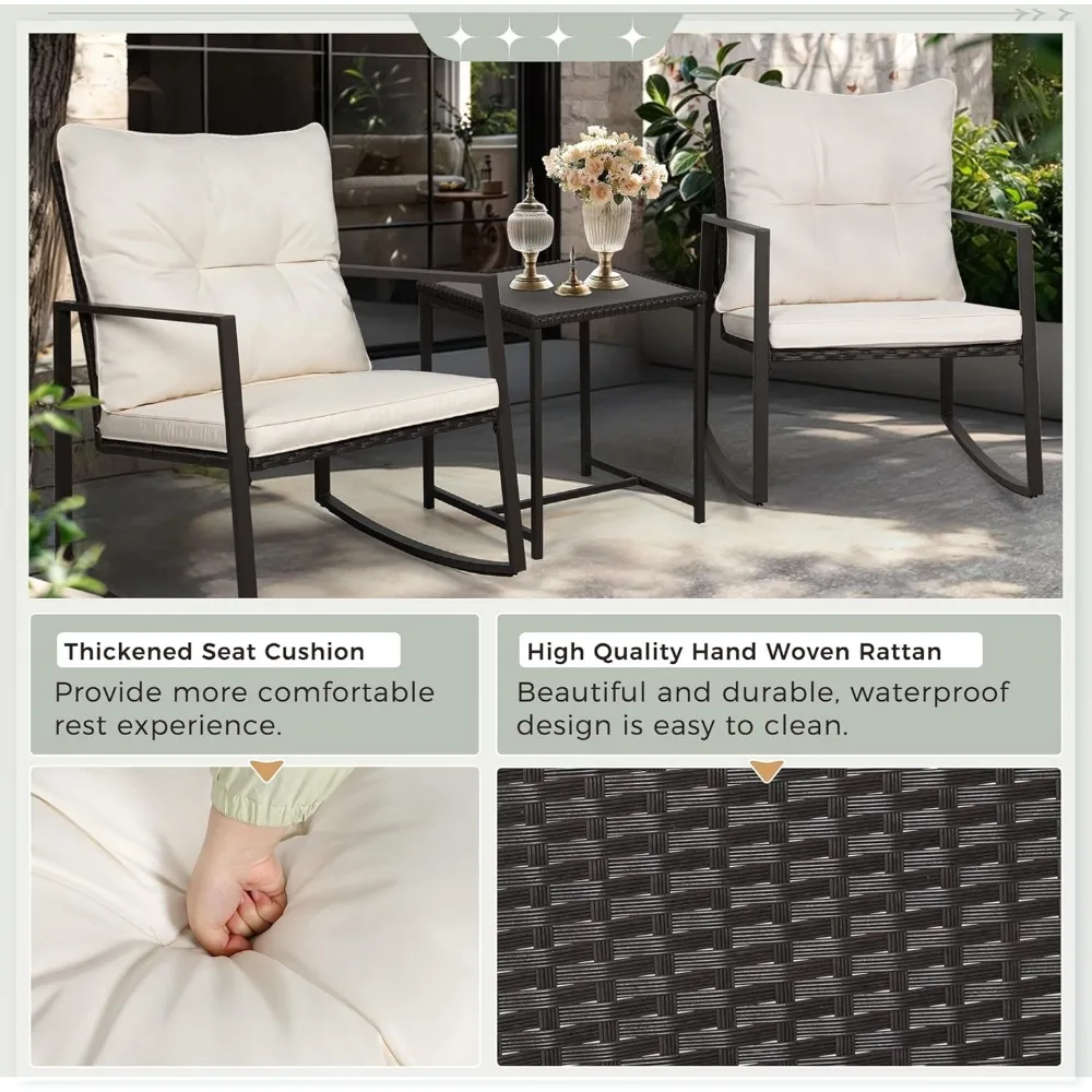 3 Piece Outdoor Bistro Set with Rocking Chairs and Glass Top Table, Beige Wicker