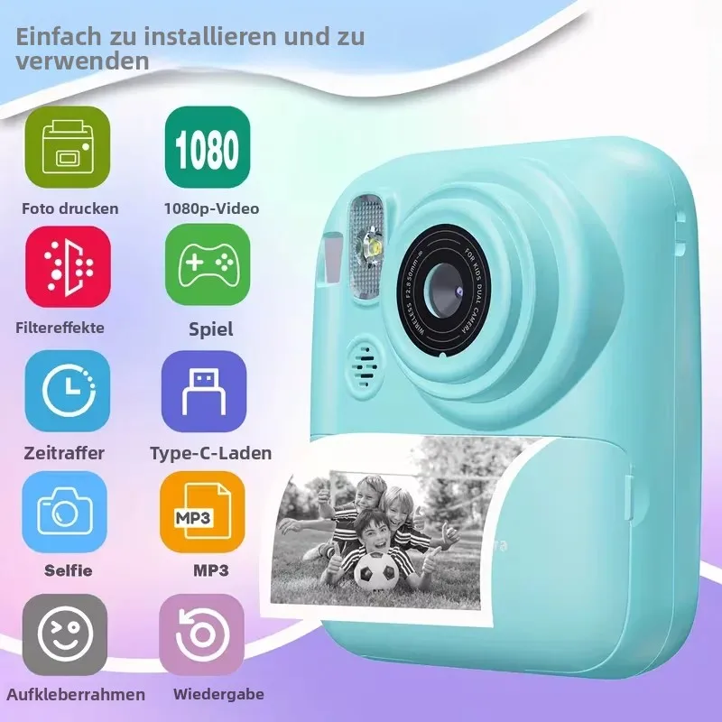 Sofortdruck Digitalkamera Mit 3 Rollen Druckpapier & 32GB Karte HD 1080P 2,4 Zoll Bildschirm Kinderkamera für 6-12 Jahre
