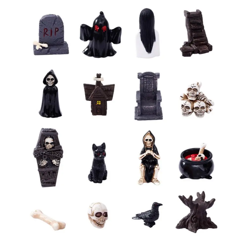 Mini Halloween Miniature Figurine Coffin House Chair Halloween Cartoon Scary Ghost Statue Fairy Garden Bone Skull