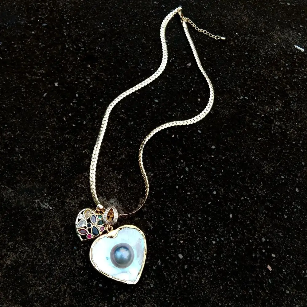 Colgante en forma de corazón de perla Mabe gris Natural, collar de cadena chapado en oro con encanto Cz