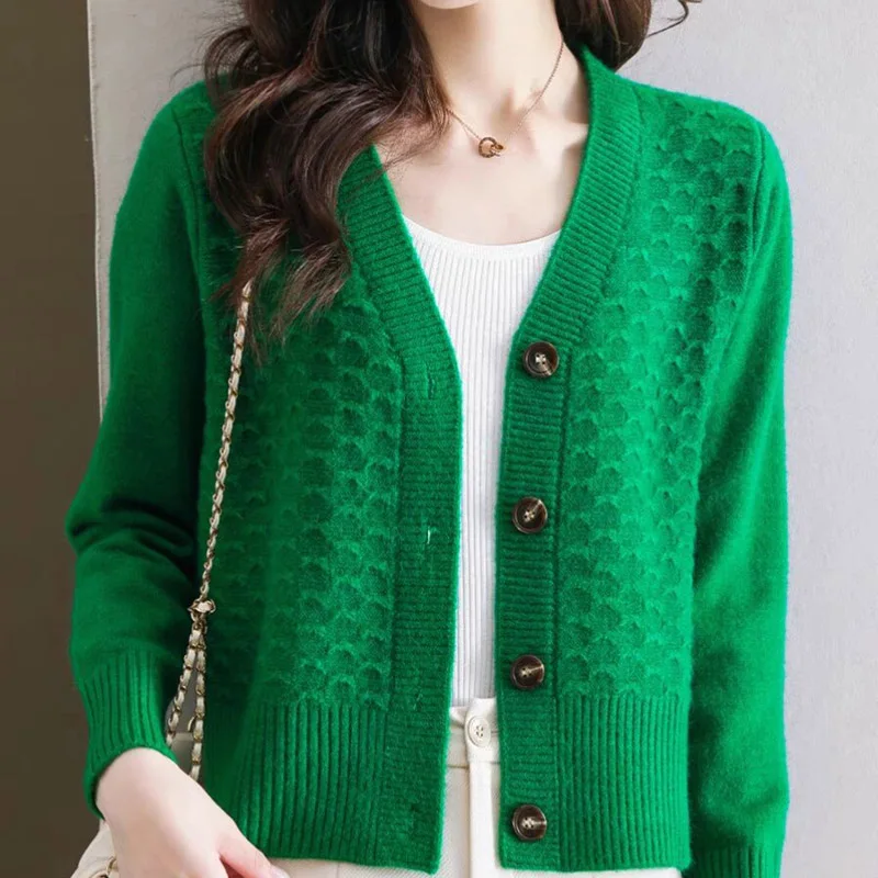 Women Clothing Solid Vintage Loose V-neck Knitted Cardigan Autumn Winter Fashion Elegant Commute V-neck Sweater