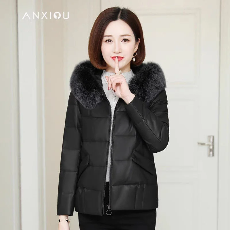 New Autumn And Winter Women's Short PU Leather Fur Imitation Fox Fur Collar Loose Down Cotton Padded Coat Female PU Leather Jack