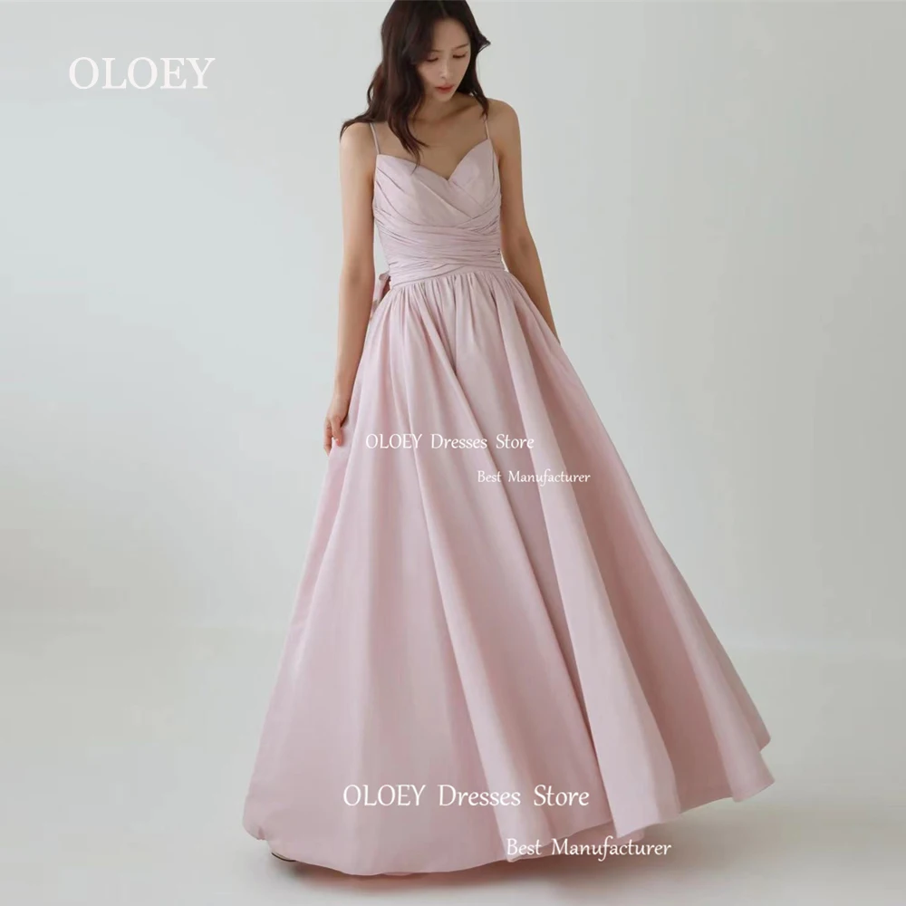 

OLOEY Light Pink Prom Dress Korea Wedding Photoshott Spaghetti Straps Long A Line Formal Gown Pleats Sleeveless Corset Bow Back