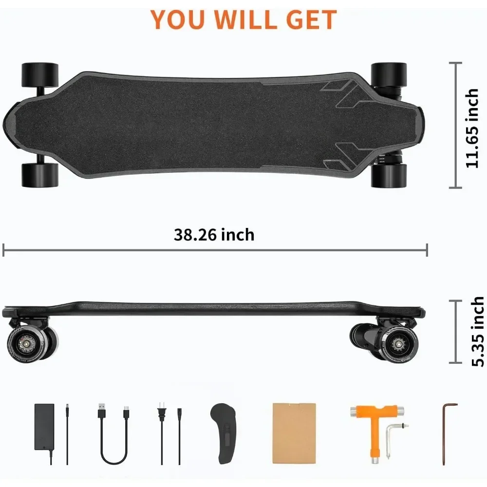 Electric Skateboard,28 Mph Top Speed & 18 Miles Range,440 LBS Max Load, Stealth Deck Design, IP55 Waterproof, Electric Longboard