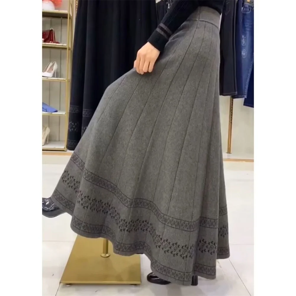Fashion Thick High Waist Long Skirt for Women 2026 Vintage A-line Maxi Long Knitted Hollow Out Pleated Black Grey New Skirts