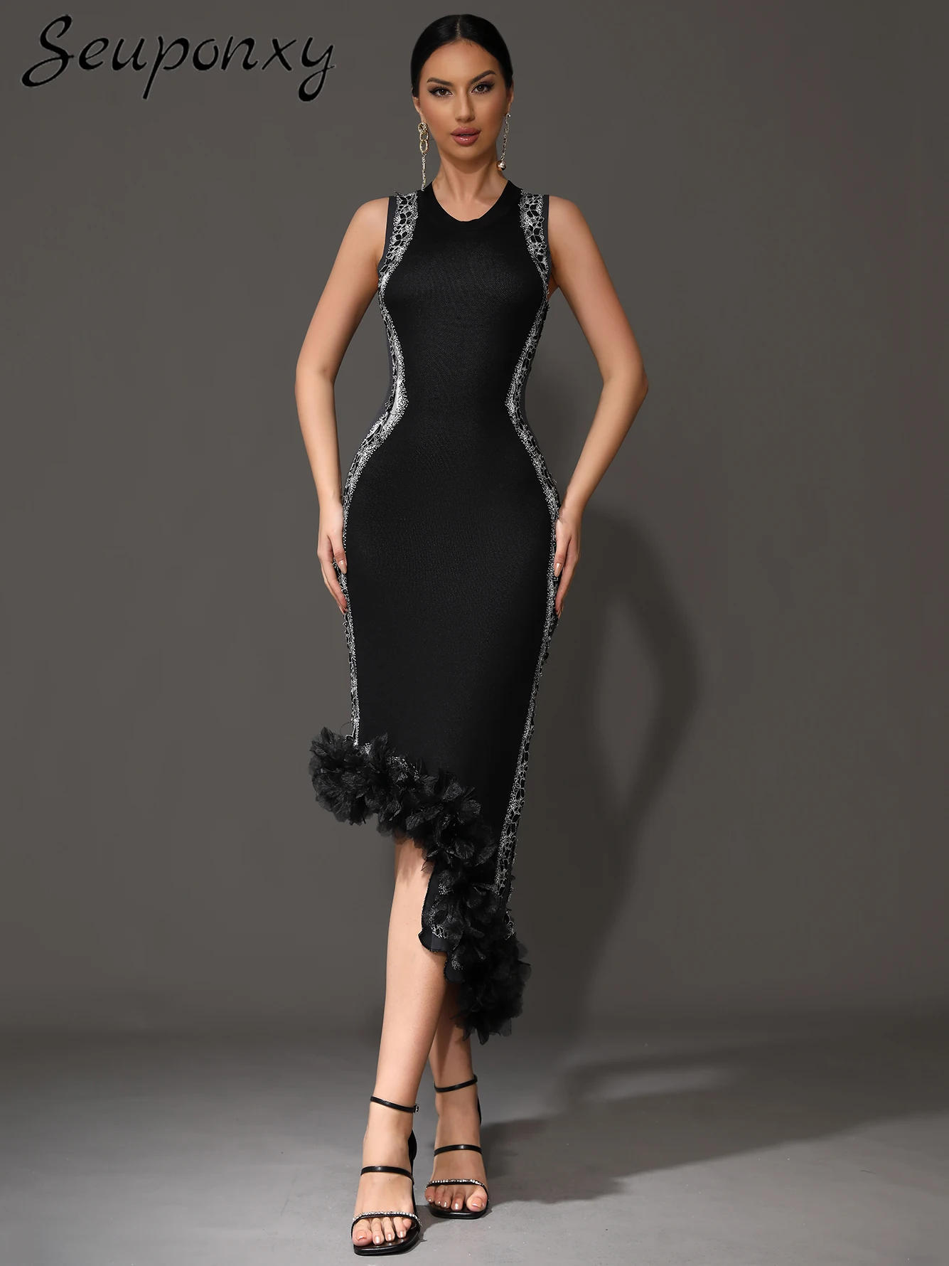 

High Quality Women'S Black Knitted Dress 2024 New Sexy Sleeveless O-Neck Wooden Ear Elegant Celebrity Party Dress Vestidos