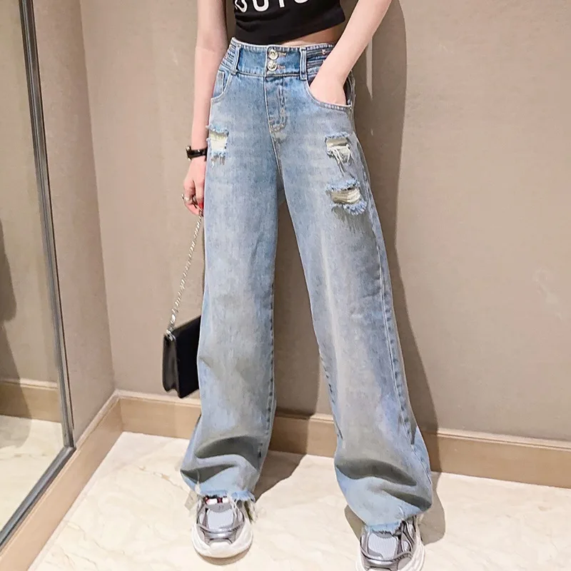 vintage teenage girls jeans pants ripped wide leg denim pants floor mop trousers distressed holes kids clothes 6 to 16 years