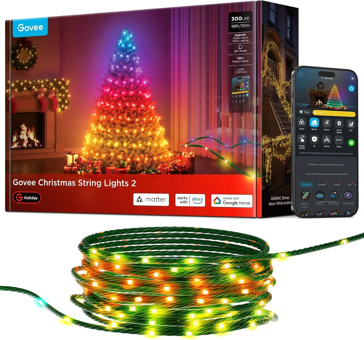 Green Wire Halloween String Lights, 99 FT 300 LED Christmas Lights, 2 Pack
