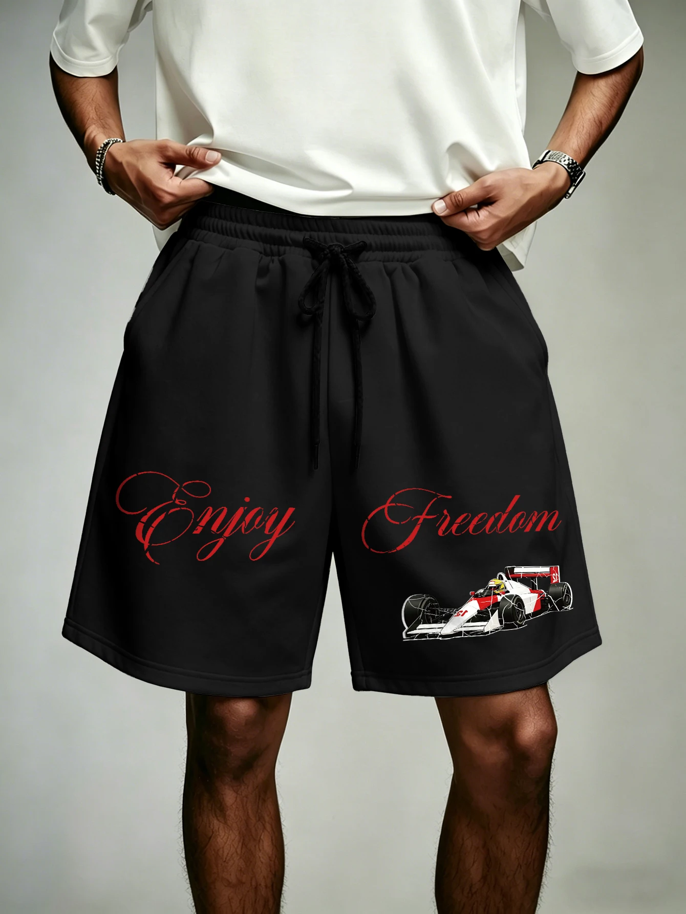 Men's Streetwear Shorts Enjoy Freedom F1 Racing Car Print Polyester Drawstring Casual Shorts S-2XL All Size 1Pc