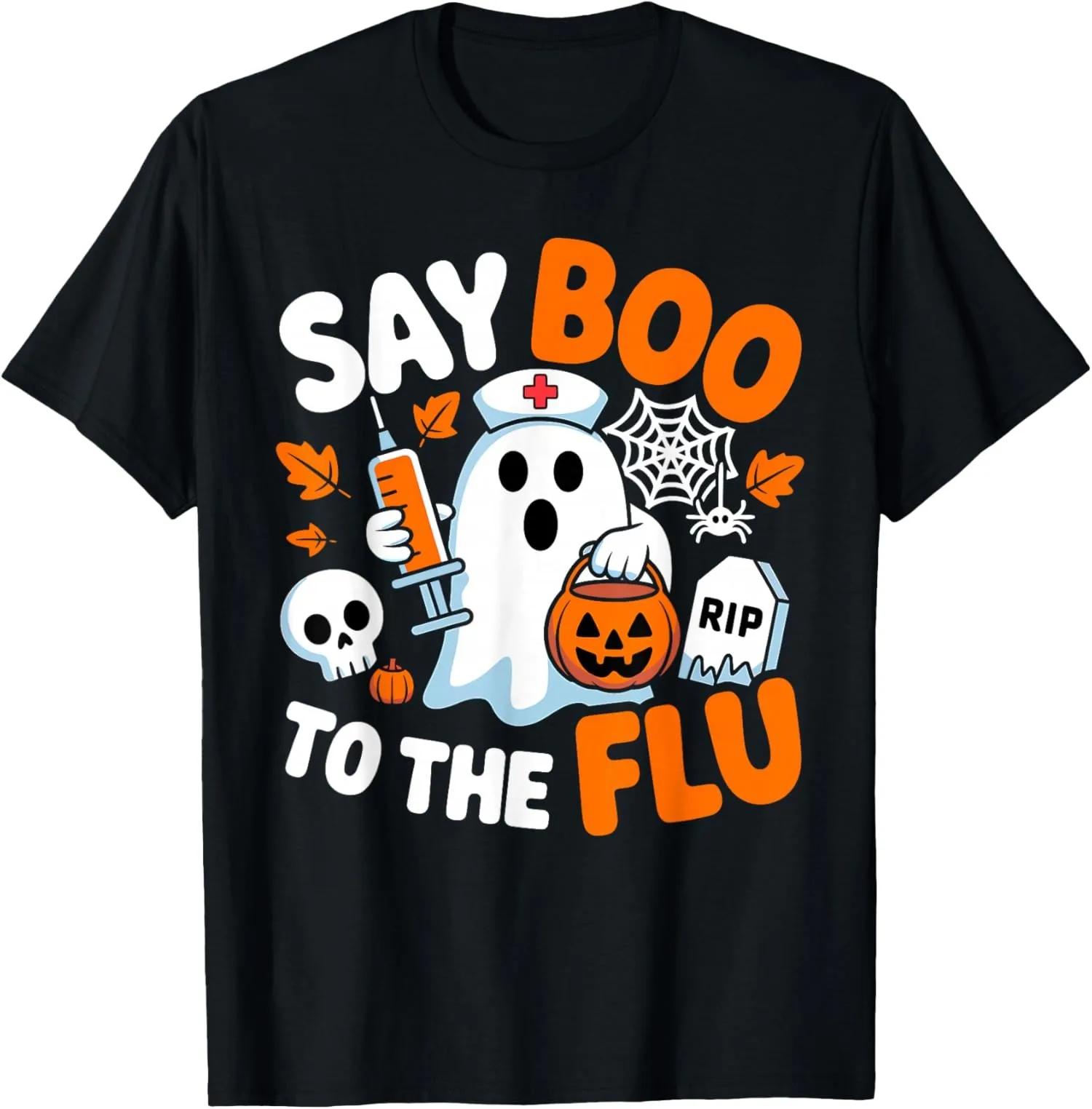 تي شيرت Retro Nurse Ghost Halloween Vaccine Say Boo مضحك للجنسين #1