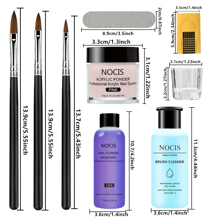 아크릴 네일 키트 - 투명한 분홍빛이 도는 누드 파우더, 무황변 액체, 브러시 클리너 및 살롱용 전문 네일 아트 도구