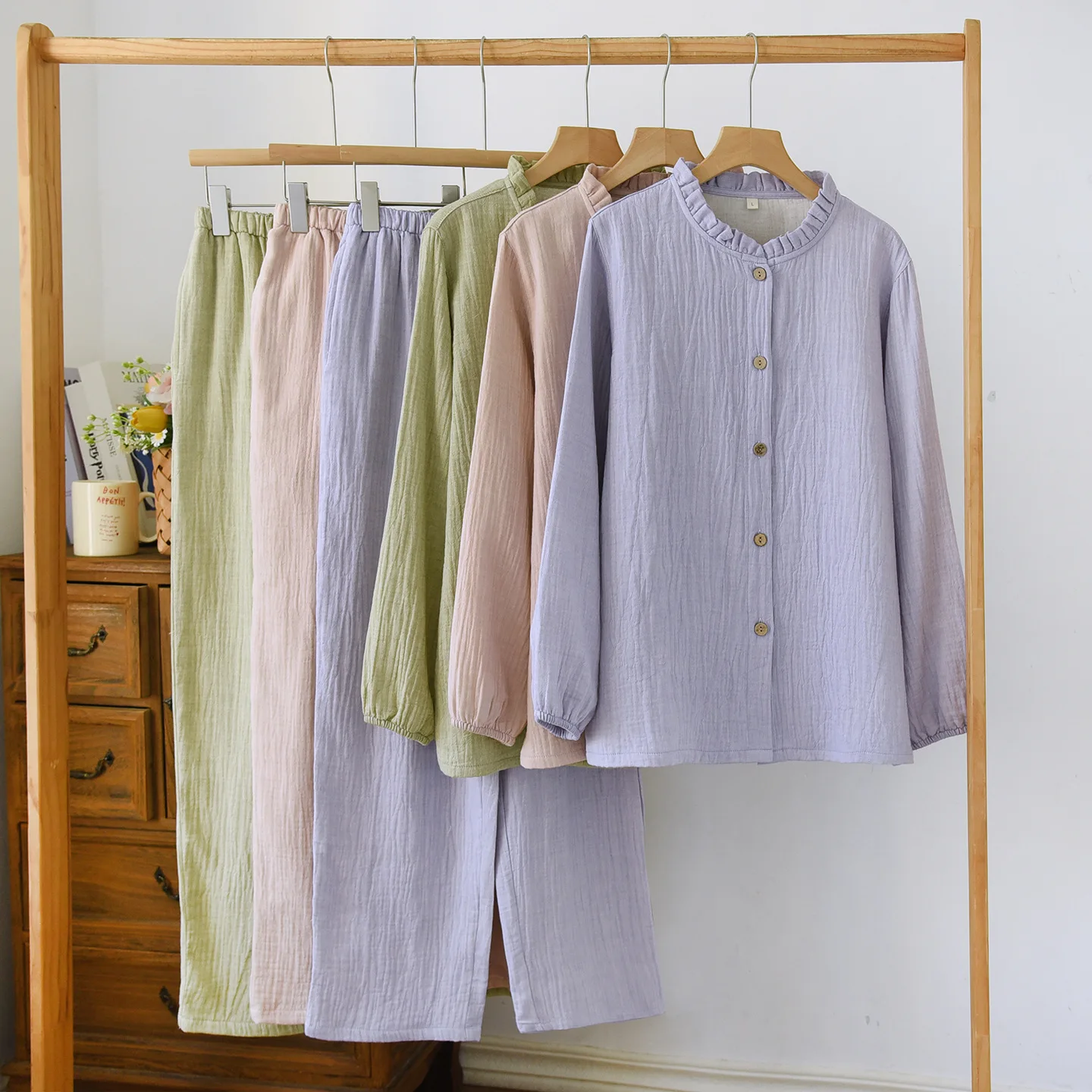 

Solid Color Cotton Cardigan Long Sleeved Long Pants 2 Pcs Women's Pajamas Set Simple Home Clothes Thin Style Pijama Set