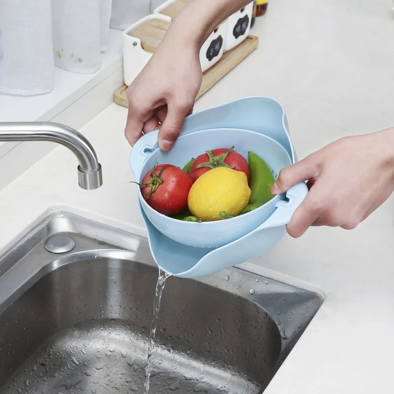 1PCS Vegetable Drain Basket Kitchen Gadgets Green Blue Pink Double Layer Sink Rotatable Drainer with Handle Kitchen Accessories