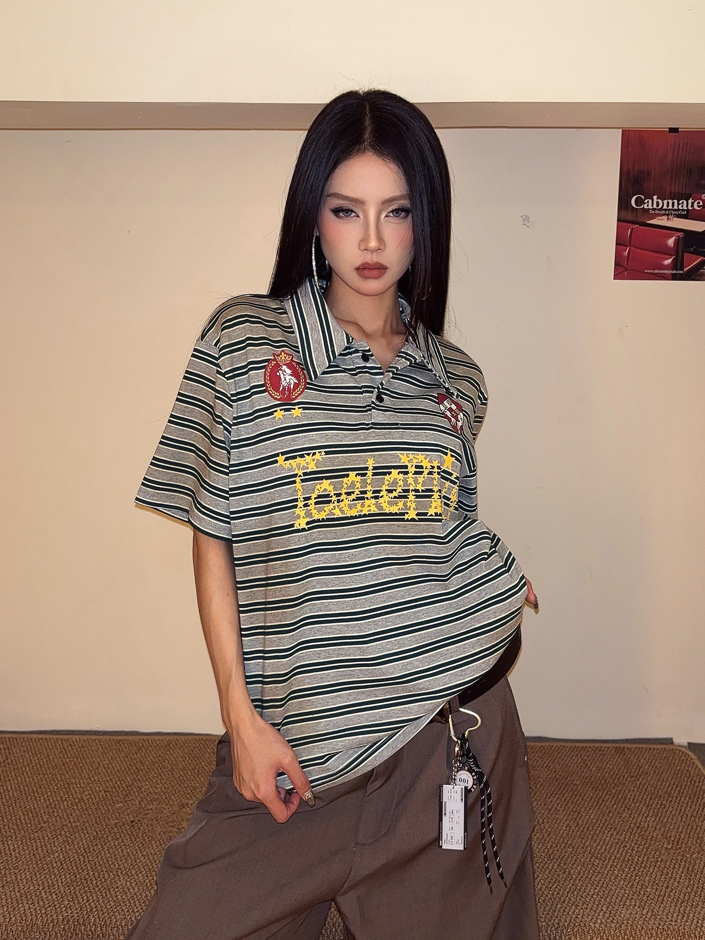 DoubleD Stripe Spray Dirty Vintage Color  Collar Short Sleeve T-Shirt Unisex Summer Loose Sports Soccer Jersey Style
