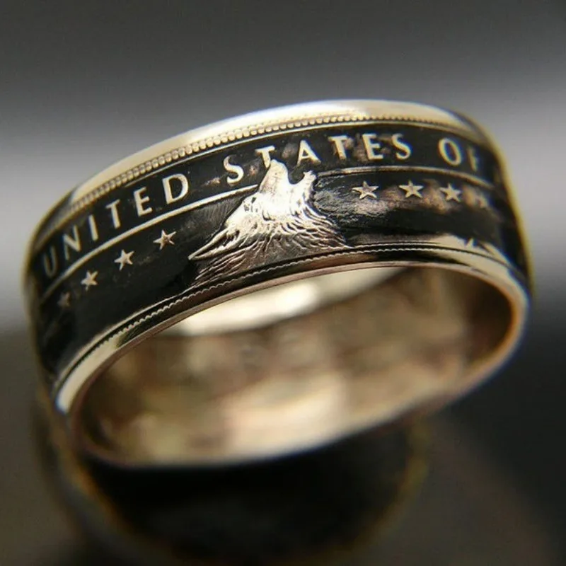 Anillo tallado de lobo aullador americano para hombres y mujeres, patrón de moneda de dólar, Hip-hop estilo Punk, accesorio de encanto de fiesta, venta al por mayor