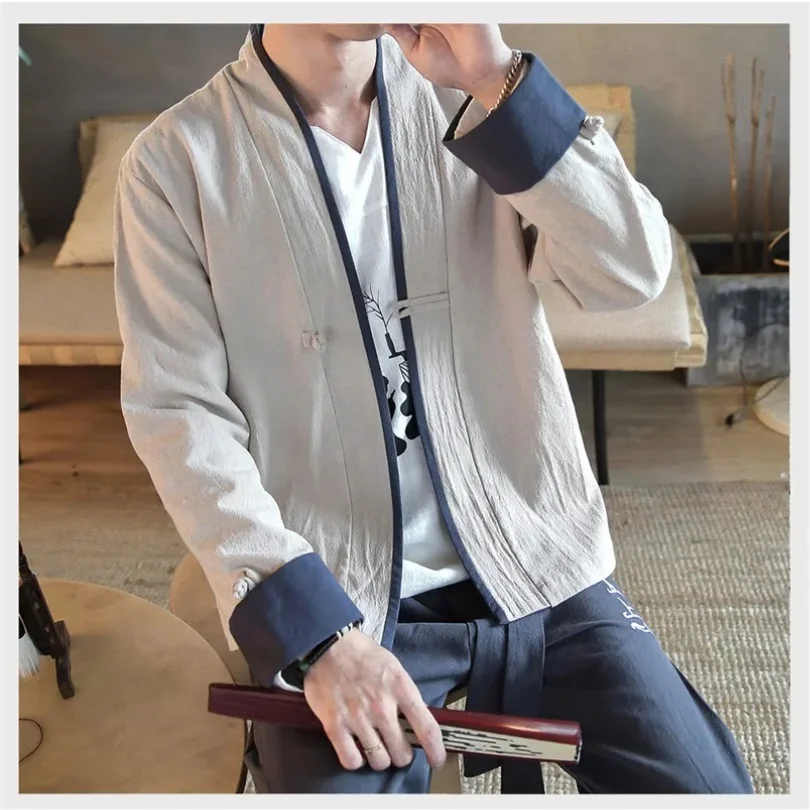 

Винтажный кардиган с длинным рукавом цвета хаки, темно-серые лоскутные рубашки в стиле ретро Hanfu, хлопковая льняная блузка, мужские рубашки с v-образным вырезом, большой размер M-5XL