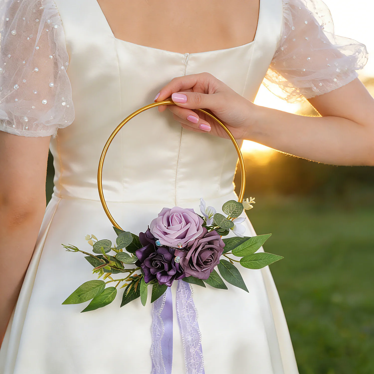 

Yannew 3pcs Gold Hoop Wedding Bouquets for Bridesmaids Artificial Flower with Eucalptus Wreaths Bridal Shower Ceremony Decor