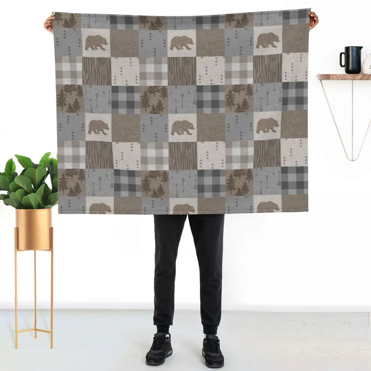 Bear Patchwork - Rustic Neutrals Throw Blanket christmas gifts Flannel Comforter Sofa Soft Big Furry Blankets