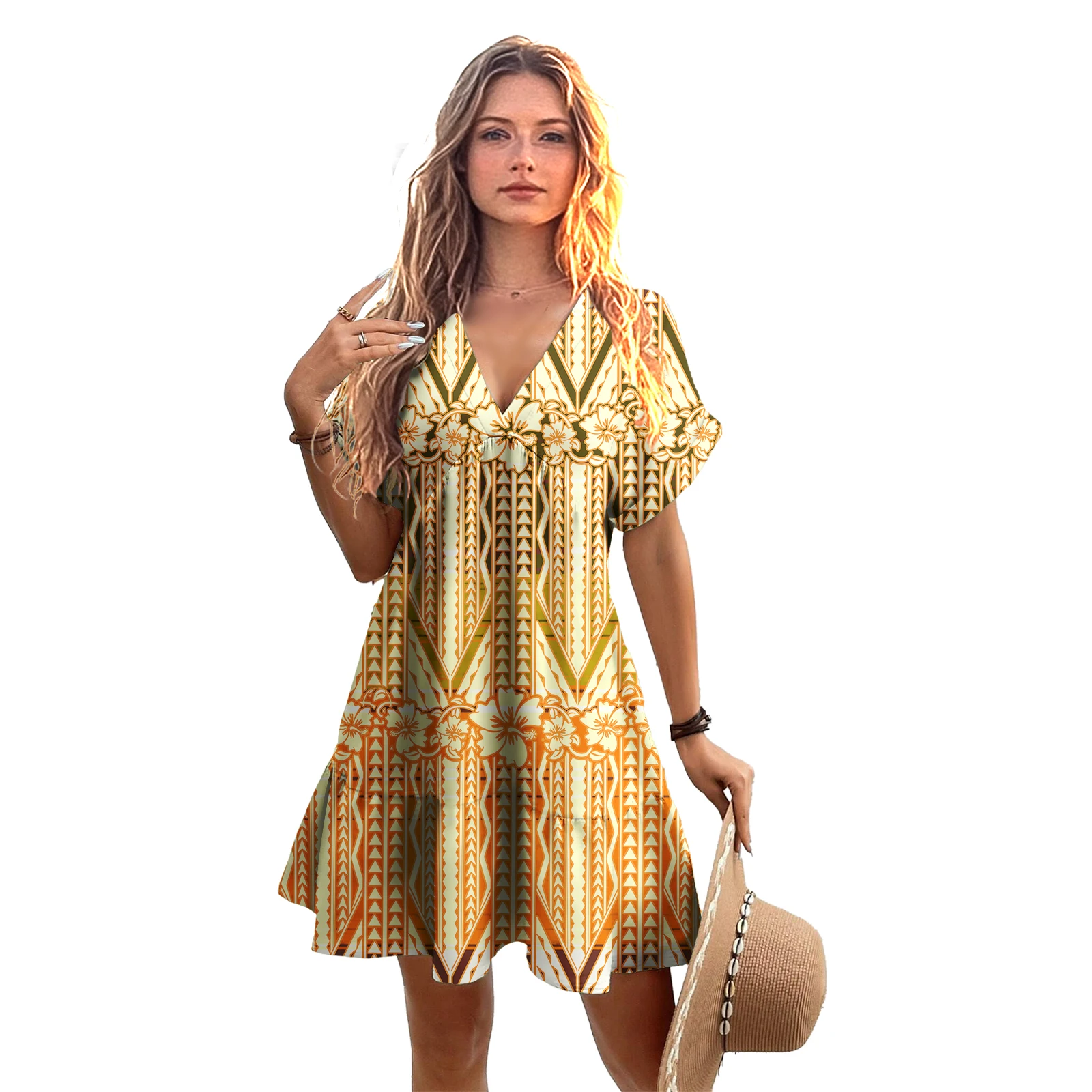 Low MOQ Upscale Dress V-Neck Ruffles Ladies Clothes Custom Hawaiian Hibiscus Print Pua Kenikeni Design Women Elegant Short Dress