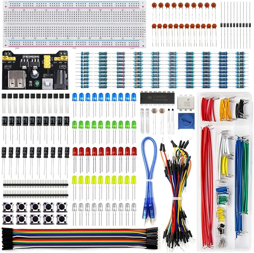 Fun-Kit für elektronische Komponenten mit Netzteilmodul, Überbrückungskabel, Steckbrett mit 830 Verbindungspunkten, Präzisionspotentiometer, Widerstand
