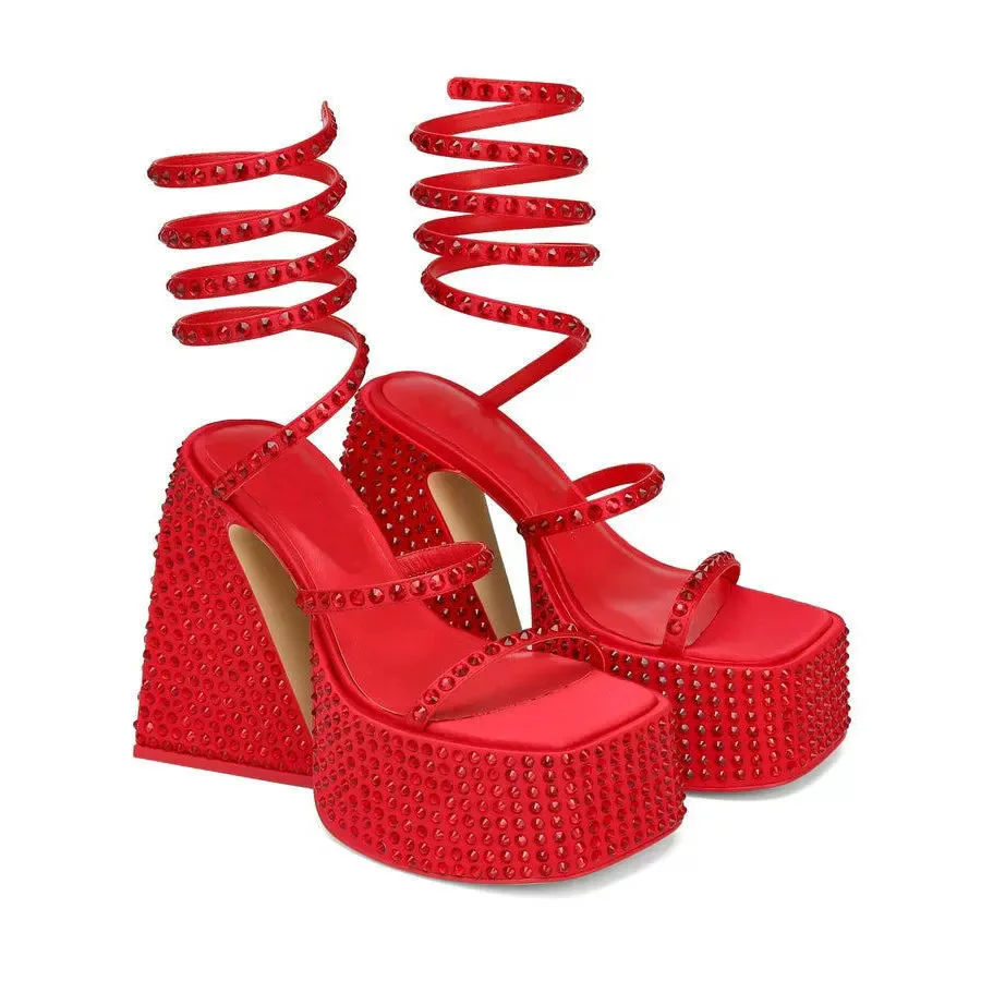 New Square Headed Snake Shaped Ankle Sandals, Waterproof Platform, Rhinestone Rough Heels, High Heels, Fashion Shoes