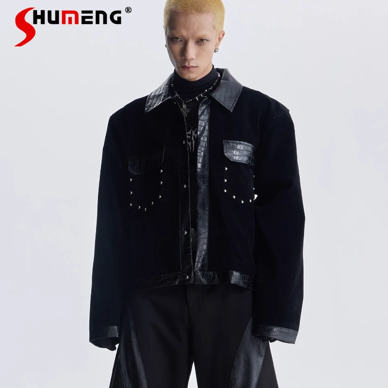

Men Women 2025 Autumn New Fashion Faux Leather Splicing Rivet Decoration Long Sleeve Jackets Button Coats Loose Trendy Chic Tops