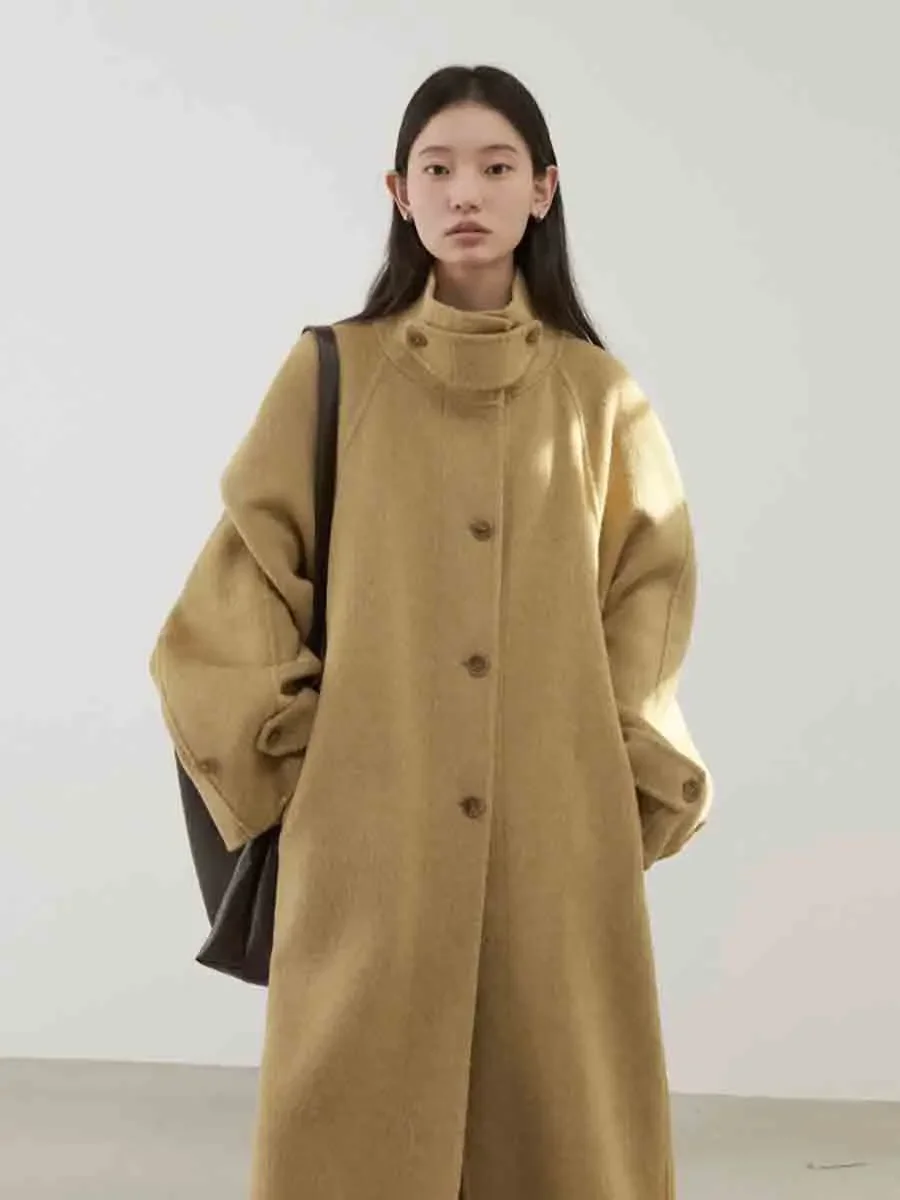 CHIC VEN Women Woolen Coat Retro Stand Collar Solid Loose Belt Overcoat Fashion Korean Female Clothing Autumn Winter New 2024