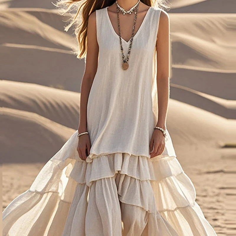 Vestidos sexy com decote em v em camadas plissado vestidos longos primavera sólido algodão linho vestido feminino verão sem mangas feriados vestido de praia