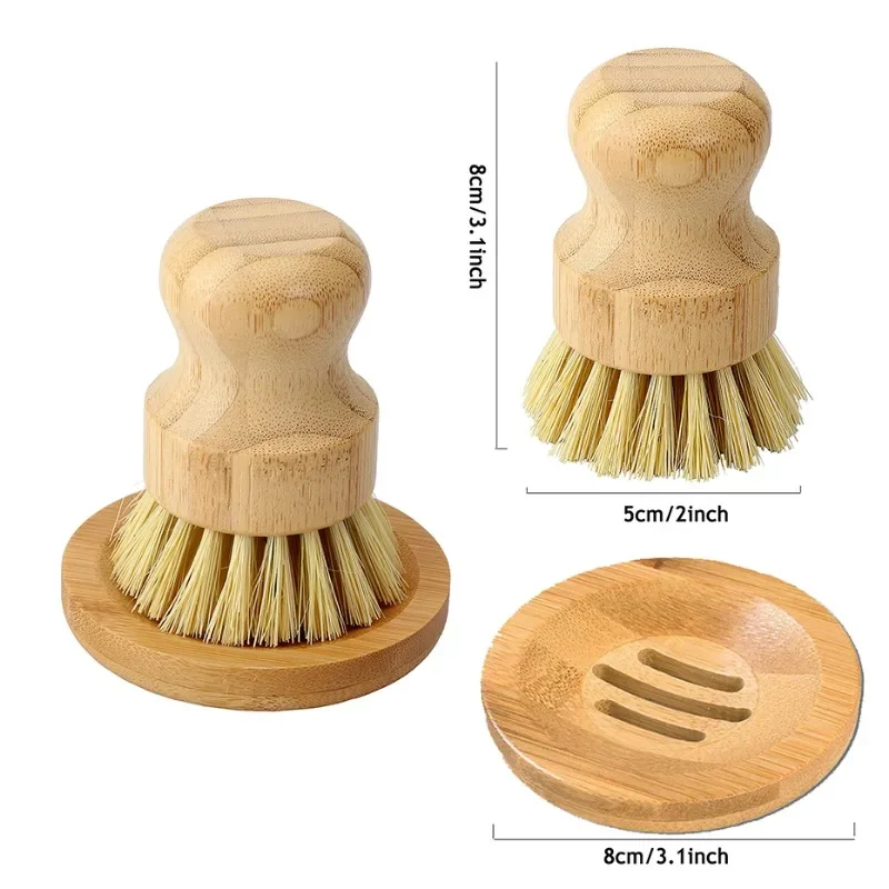 1pc/2pcs Bamboo Dish Scrub Brush Soap Dish Kitchen Wooden Dish Scrubber Cleaning Brush for Washing Dish Cast Iron Pan Pot