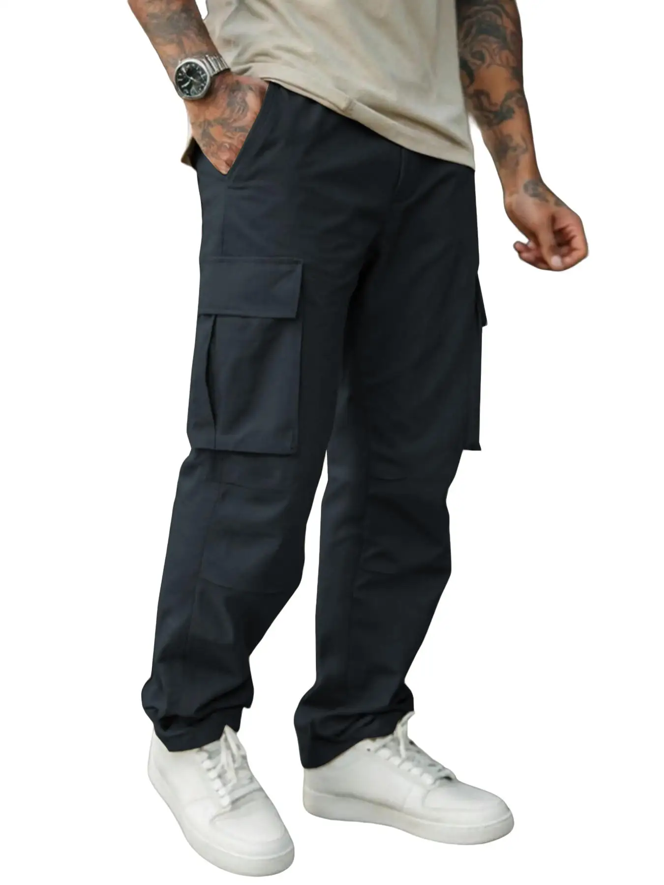 Herren Einfarbige Cargohose Regular Fit Lässige Gerade Hose mit Pattentaschen und Kordelzug für den Alltag – Detail 28
