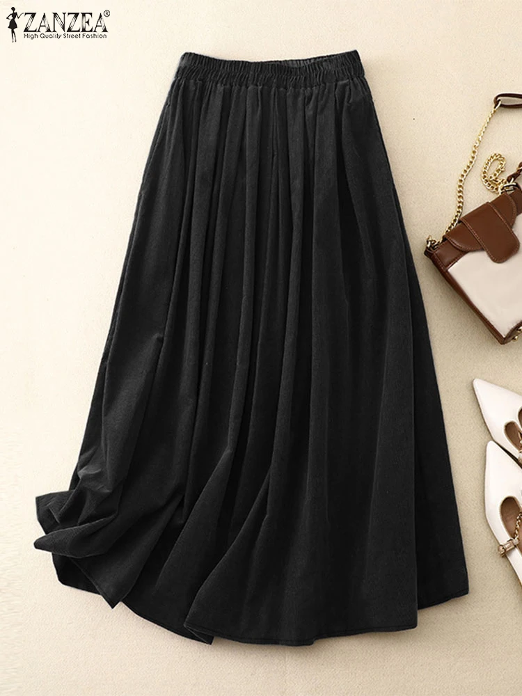 Autumn Corduroy Skirts ZANZEA Oversize Sundress Women Casual Elastic Waist A-line Faldas Saia Jupes Loose Maxi Long Skirts Robe