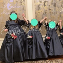 Customized Pleated Flower Girl Dress For Wedding High Waist O-neck 3/4 Sleeves Puffy Satin Kids Birthday First Communion Gowns