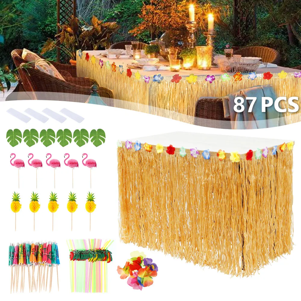 Durable Reusable Hawaiian Tropical Party Decorations Set Lightweight Elegant Bright Table Skirt Pineapple Toothpick Umbrella