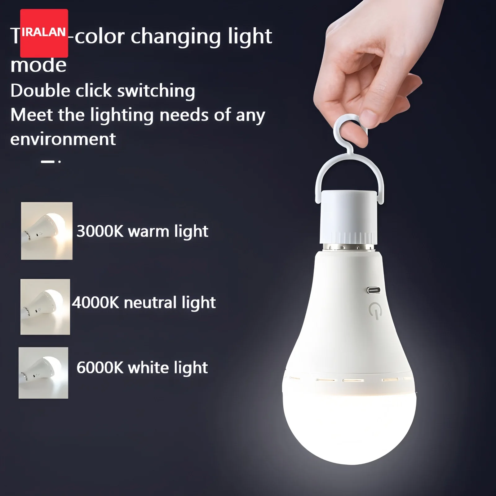 

Charging E27 LED Light Bulb Three-color Remote Control Touch Wiring-free Installation Light Bulb for Camping Equipment