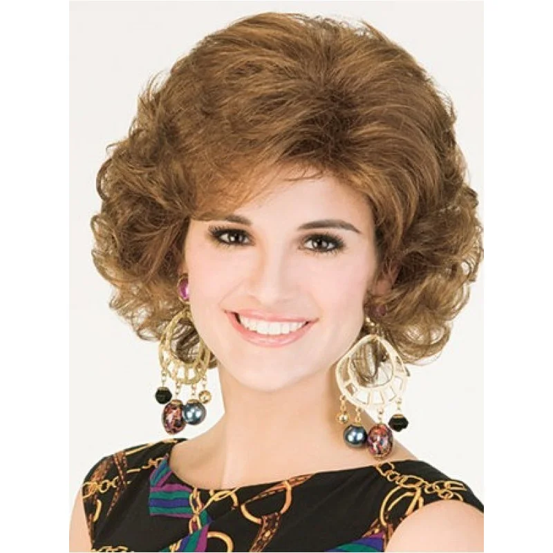 

Short Fluffy Wavy Brown Mix Synthetic Hair Wigs Women Soft Natural Daily
