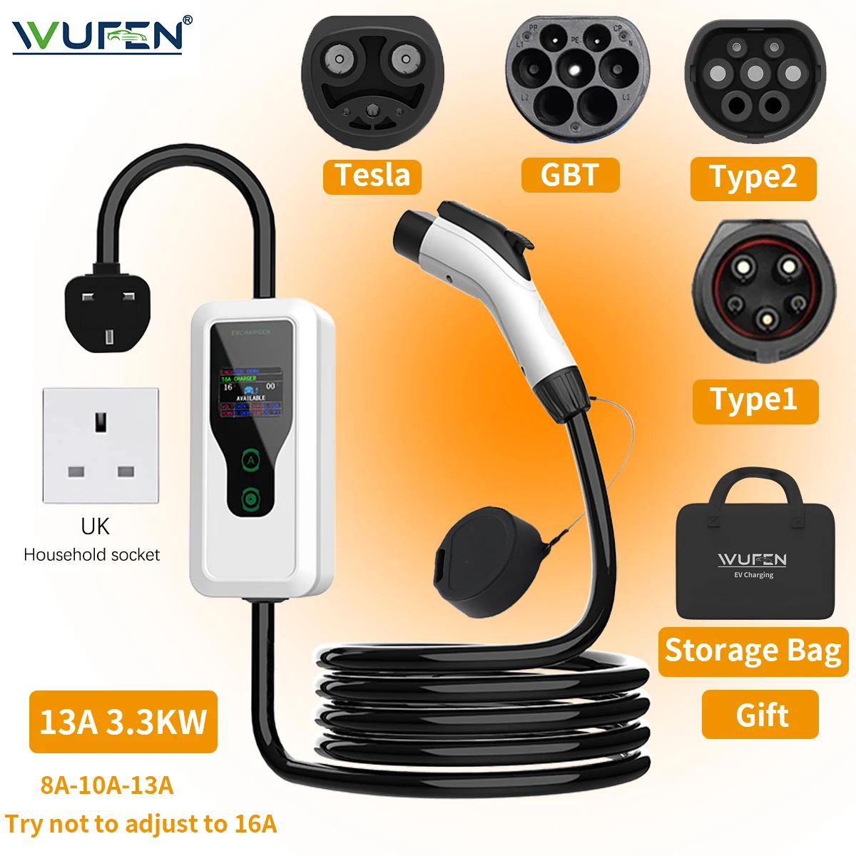 WUFEN Electric Car Portable Type2 GBT NACS Type1 UK BS Plug EV Charger 13A 3.3 KW Charging Cable EVSE 230V for Home Outdoor Use