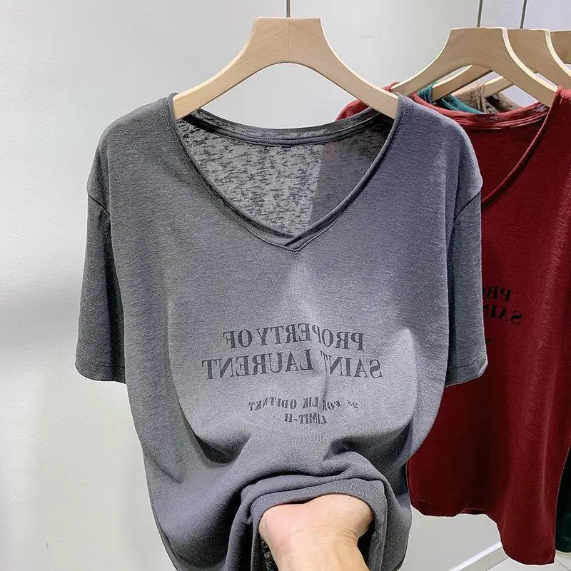 Oversized Loose Thin T-Shirts Summer Casual Letter V-neck Short Sleeve Top Tee Women Clothing All-match Elasticity Tee Shirt