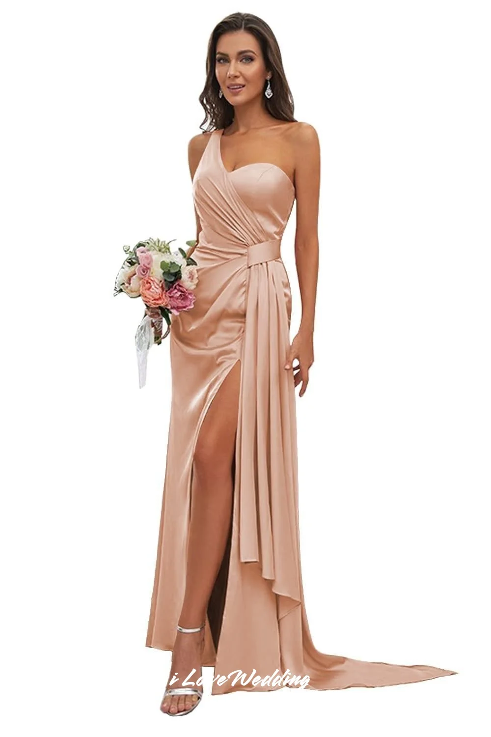 Robes de demoiselle d'honneur rose, asymétrique épaule dénudée, en Satin, sans manches, plissées, fente haute, sirène, traîne de balayage, robe d'invitées de mariage, personnalisée, 2025