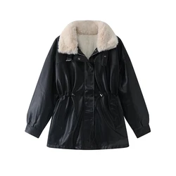 Abrigo de cuero Retro americano para mujer, cuello vuelto, cremallera, cintura elástica, ropa de abrigo, chaqueta que combina con todo, moda de invierno, nuevo
