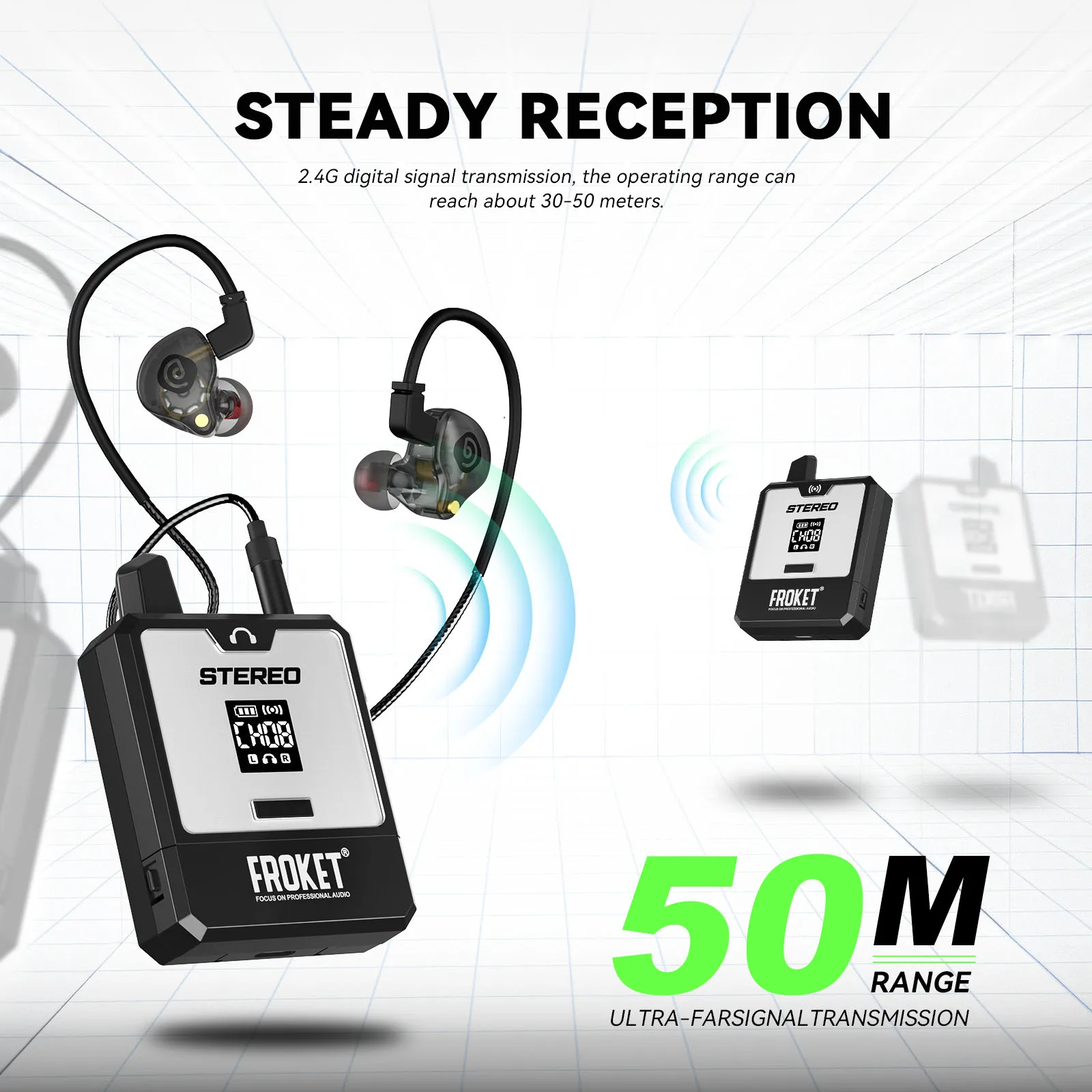 نظام مراقبة لاسلكي داخل الأذن ET-24، تبديل ستيريو/أحادي، نقل الإشارة الرقمية 2.4G لأداء المسرح، أوركسترا