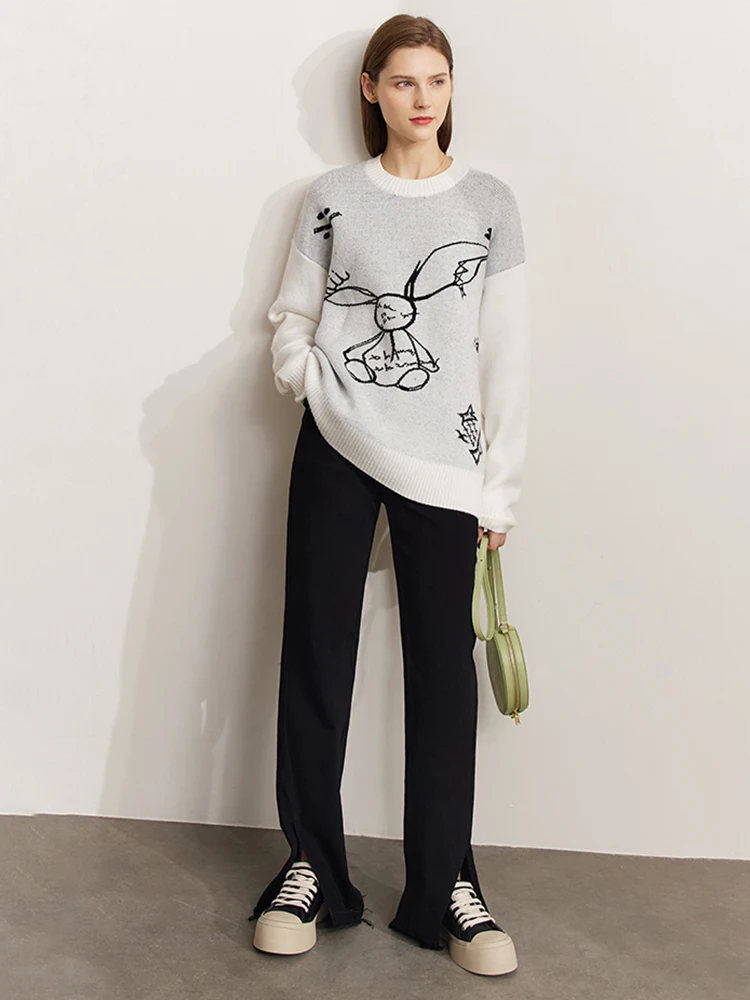 AMII Minimalism Loose Sweater Autumn Winter O Neck Temperament Long Sleeve Embroidery Animal Pullover Tops Knit Sweater 12241308