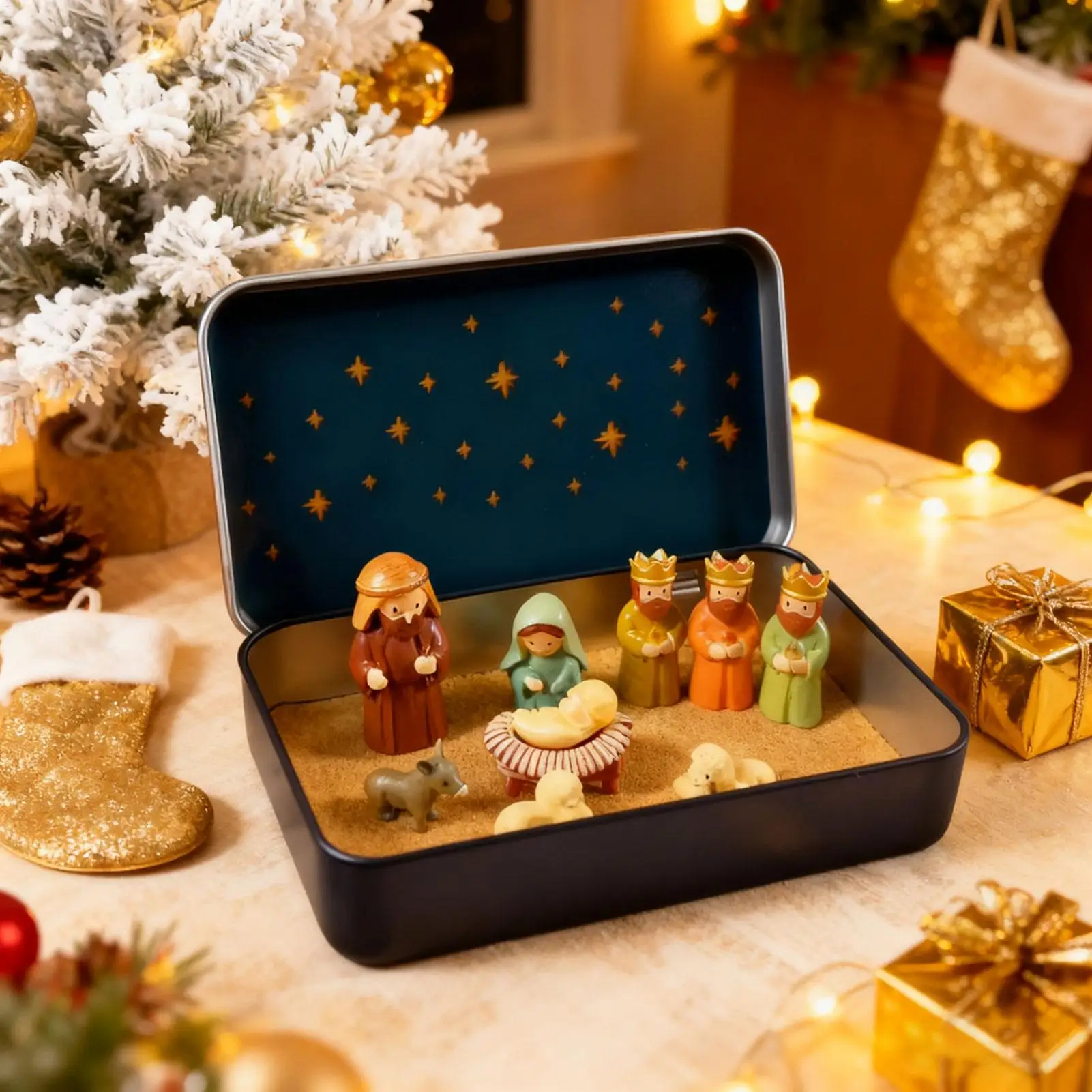 مجموعة المهد في صندوق من القصدير بحجم الجيب لتزيين ولادة يسوع وعيد الميلاد وديكور عرض المهد لمدخل غرفة النوم والمكتب المنزلي