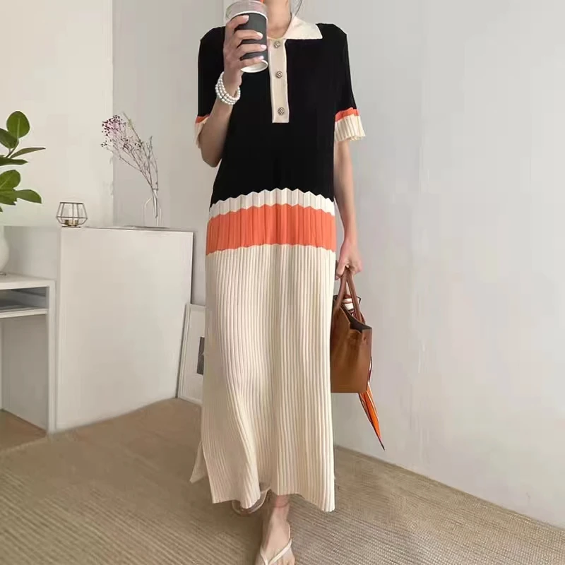 

2023 Korean Fashion Summer Knitted Long Loose Dress For Women Lapel Striped Contrast Color Short Sleeve Split Pleated Vestidos