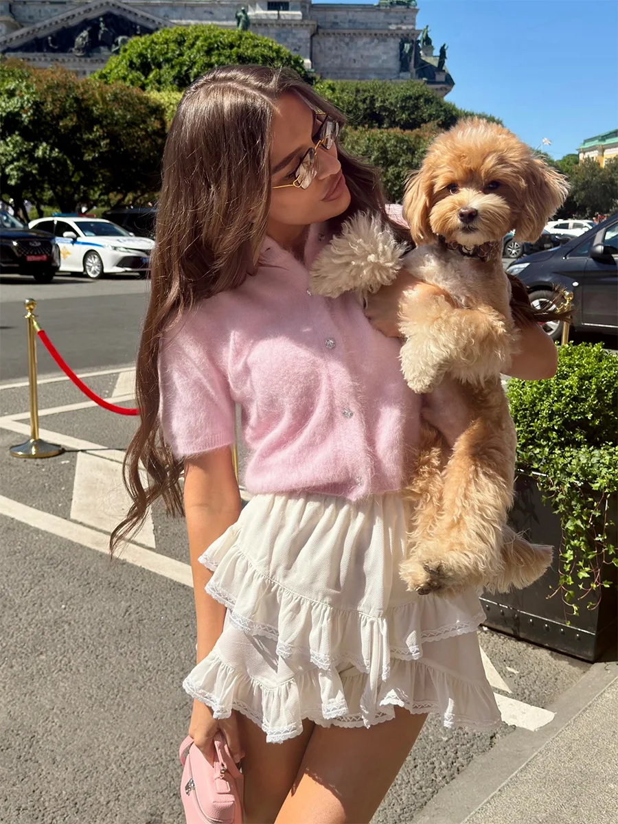 Women Elegant Cardigan Short Sleeved Fashionable Single Breasted Plush Slim Fit Top Suitable for Casual Daily Wear 5