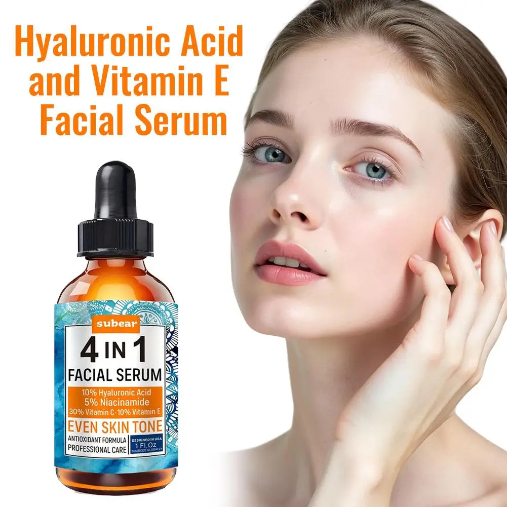 Sérum Facial com Vitamina C, Niacinamida e Ácido Hialurônico, Essência Anti-Envelhecimento e Iluminadora para Cuidados com a Pele, Redutor de Rugas e 