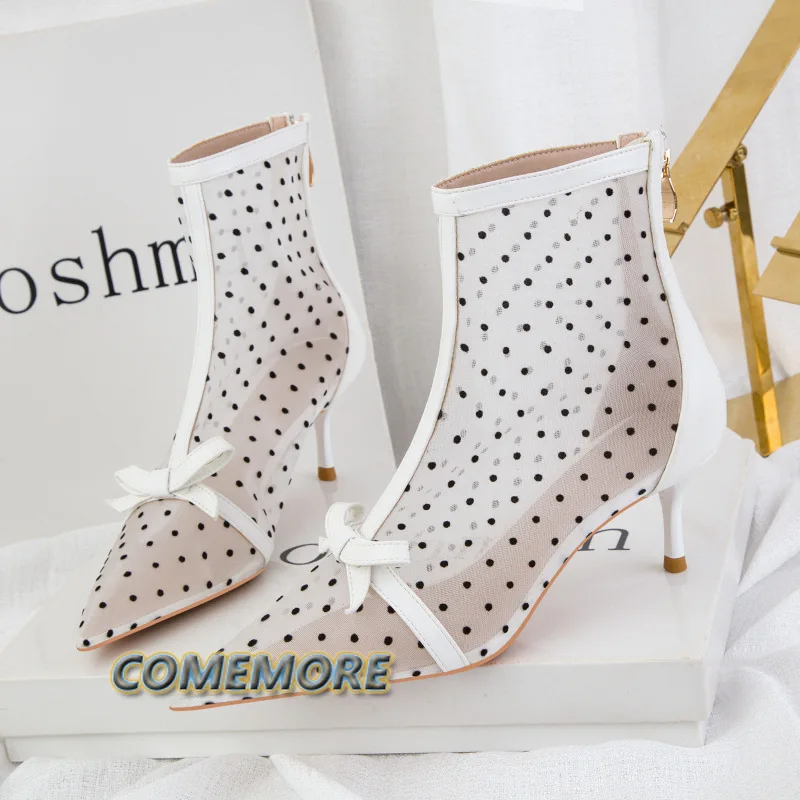 Women\'s Boots Elegant Ankle Boot Sexy Pointed Party Polka Dot Shoes Fashion Mesh Breathable Summer Casual Ladies Dot Hollow Bow