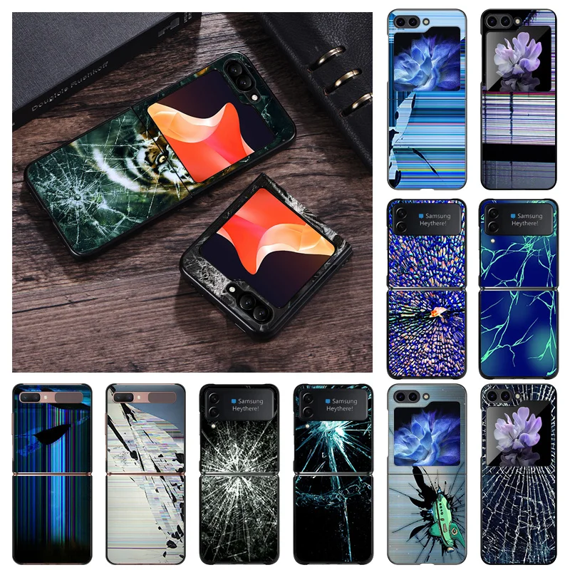 Matte Phone Case For Samsung Galaxy Z Flip6 5G Flip5 Flip4 Flip3 ZFlip 6 3 4 5 Color Cracked Screen Art Pattern Hard Black Cover