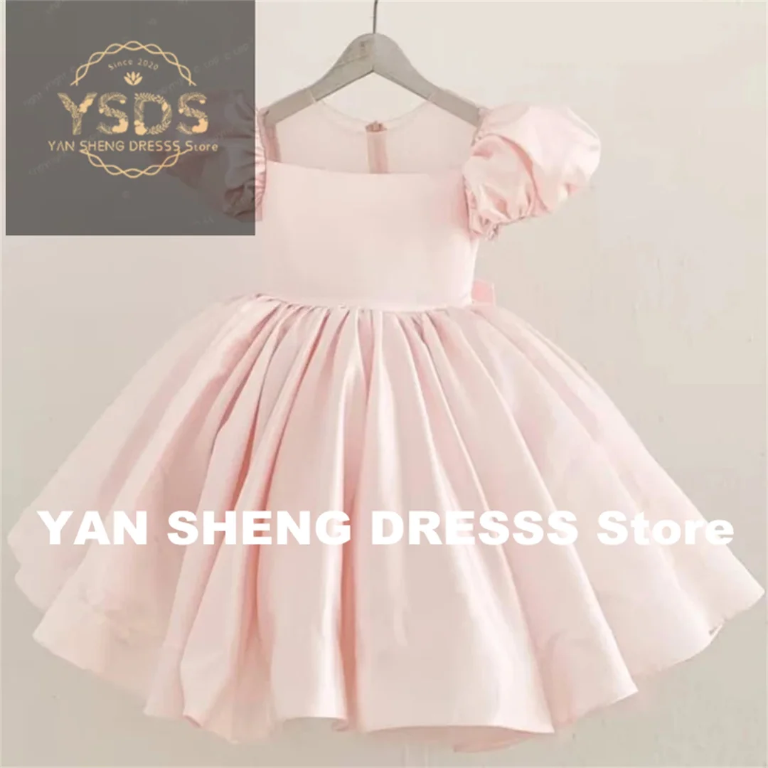 

Customized Flower Girl Dresses Pink Satin Solid With Bow Short Sleeve For Wedding Birthday Party Banquet Princess Gowns