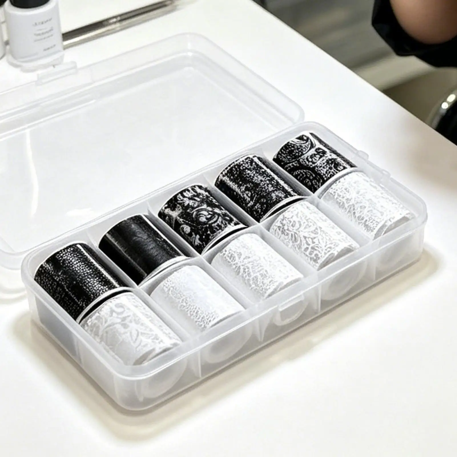 10pcs White Black Lace Nails Art Foils Set Lace Nail Sticker With Storage Box Nail Decoration Accessory For Nail Arts Enthusiast